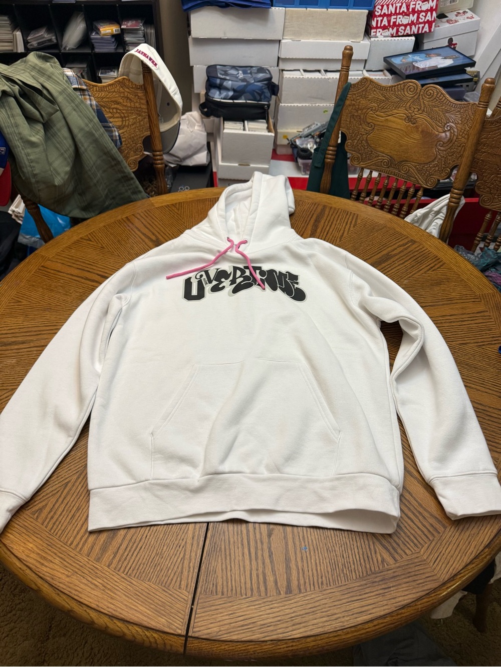 Overtime White Hoodie with Black Graphic and Pink Drawstring